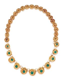 An 18 Karat Yellow Gold, Emerald and Cultured Pearl Necklace, 71.90 dwts.