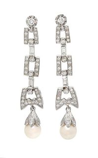 A Pair of White Gold, Diamond and Cultured Pearl Pendant Earrings, 8.10 dwts.
