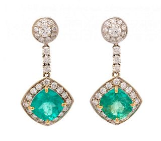 A Pair of Bicolor Gold, Emerald and Diamond Drop Earrings, 5.70 dwts.
