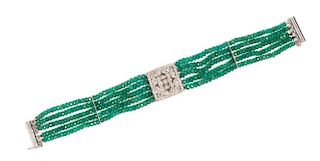 An 18 Karat White Gold, Diamond and Multi-Strand Emerald Bead Bracelet, 12.50 dwts.