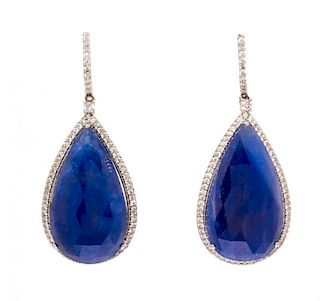 A Pair of 14 Karat White Gold, Kyanite and Diamond Earclips, 9.30 dwts.