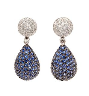 A Pair of White Gold, Diamond and Sapphire Drop Earrings, 6.00 dwts.
