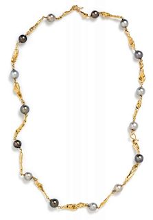 A Yellow Gold Cultured Pearl Convertible Bracelet/Necklace, 27.70 dwts.