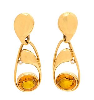 A Pair of 18 Karat Yellow Gold, Diamond and Citrine Pendant Earclips, 14.30 dwts.