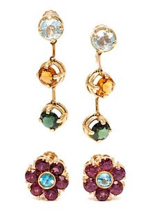 A Collection of Yellow Gold and Multigem Earclips, 12.40 dwts.
