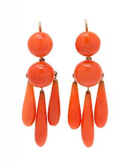 A Pair of Victorian Rose Gold and Coral Drop Earrings, 3.40 dwts.