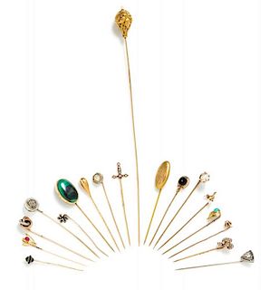 A Collection of Antique Multigem Stickpins and Hatpin, 20.00 dwts.