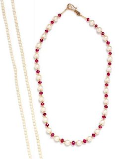 A Collection of Cultured Pearl and Ruby Bead Necklaces,