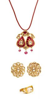 A Collection of High Karat Gold, Diamond, Ruby, Glass and Polychrome Enamel Jewelry, 37.60 dwts.