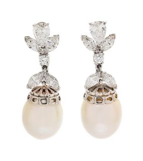 A Pair of White Gold, Diamond, and Cultured Pearl Drop Earrings, 6.50 dwts.