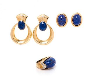 A Collection of Yellow Gold and Lapis Lazuli Jewelry, 26.30 dwts.