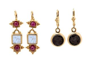 A Collection of 14 Karat Yellow Gold and Glass Intaglio Earrings, 6.80 dwts.