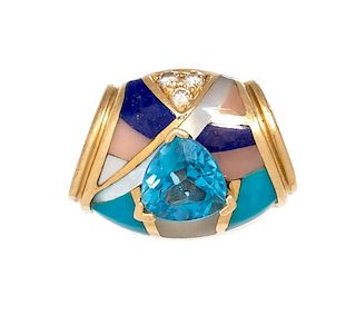 An 18 Karat Yellow Gold, Blue Topaz, Diamond, Lapis Lazuli, Mother-of-Pearl and Turquoise Pendant, Asch Grossbardt, 3.90 dwts