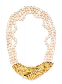 An 18 Karat Yellow Gold, Diamond and Triple Strand Cultured Pearl Necklace, 57.70 dwts.