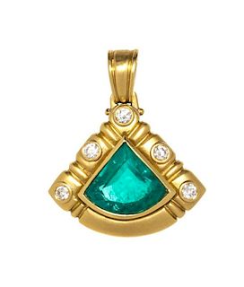 An 18 Karat Yellow Gold, Emerald and Diamond Pendant, 12.40 dwts.