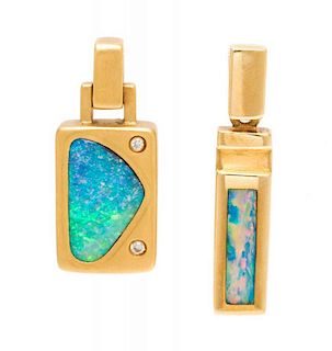 A Collection of 18 Karat Yellow Gold, Opal and Diamond Pendants, 4.90 dwts.