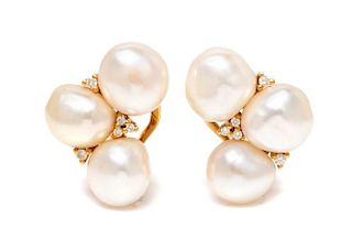 A Pair of 18 Karat Yellow Gold, Cultured Pearl and Diamond Earclips, 12.00 dwts.