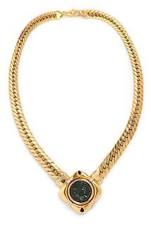 An 18 Karat Yellow Gold, Bronze Coin, Diamond and Ruby Necklace, 34.80 dwts.