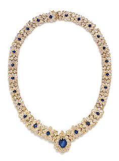 A 14 Karat Bicolor Gold, Sapphire and Diamond Floral Motif Necklace, 55.30 dwts.