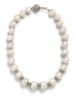 A White Gold, Diamond and Cultured South Sea Pearl Necklace, 70.00 dwts.