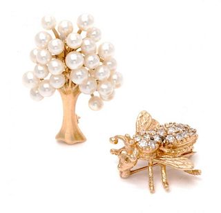 A Collection of 14 Karat Yellow Gold, Diamond and Cultured Pearl Brooches, 7.10 dwts.