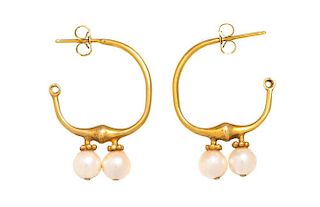 A Pair of 14 Karat Yellow Gold and Cultured Pearl Earrings, 3.10 dwts.