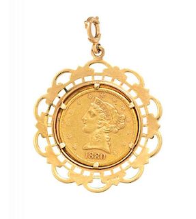 A 14 Karat Yellow Gold and US $5 1880 Liberty Head Coin Pendant, 8.80 dwts.