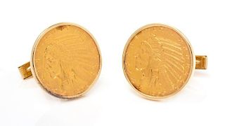 A Pair of Yellow Gold US Indian Head Coin Cufflinks, 15.40 dwts.