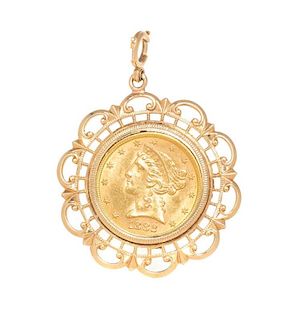 A 14 Karat Yellow Gold and US $5 1882 Liberty Head Coin Pendant, 8.80 dwts.