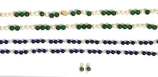 A Collection of Yellow Gold, Lapis Lazuli, Nephrite Jade and Cultured Pearl Bead Jewelry,