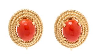 A Pair of Yellow Gold and Coral Earclips, 3.80 dwts.