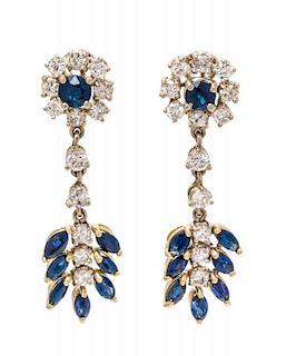 A Pair of 14K Karat Yellow Gold, Sapphire and Diamond Pendant Earclips, 5.50 dwts.