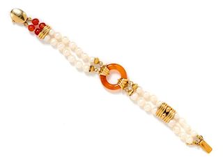An 18 Karat Yellow Gold, Carnelian and Cultured Pearl Bracelet, 17.60 dwts.