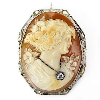Vintage 14 Karat Yellow Gold Filigree Mounted Carved Shell Cameo and Diamond Pendant Brooch.