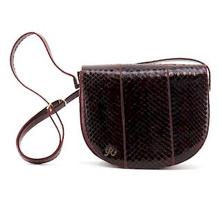 Aubergine Python Shoulder Flap Hand Bag By Robert From NYC. Features purple snakeskin leather, god-tone hardware.