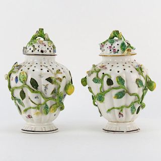 19th Century Chelsea Porcelain Applied Flower and Semi Pierced Covered Jars.