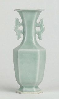 Chinese 19th Century Daoguang Period (1821-1850) to Xianfeng Period (1851-1861) Hexagonal Celadon Faceted Vase with Double Ea