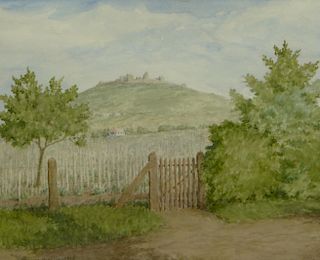 Reissmann Barabas Gizella Hungarian (1893-1985) Watercolor "Fortress on the Hill" Circa 1958.