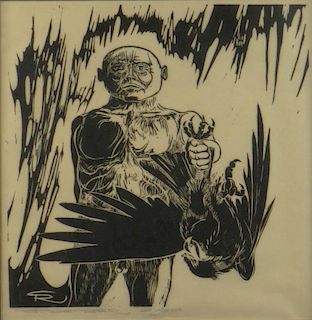 Robert Stoetzer, American 20th Century Woodcut  "Bird Man". Signed Lower Left and Number 2/20, Titled en verso.