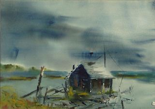 20th Century Watercolor on Paper "Cabin on the Shore". Signed M Schlecht.