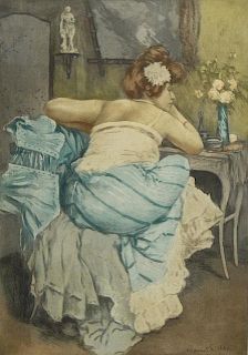 after: Manuel Robbe French (1872-1936) Color Aquatint "Le Coquillage" Bears Signature Lower Right.