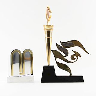 Grouping of Two (2) Modern Judaica Chrome and Brass Sculptures/Awards Signed Michel.