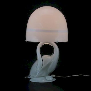 Murano Glass White Swan Lamp with Shade, Possibly Seguso.