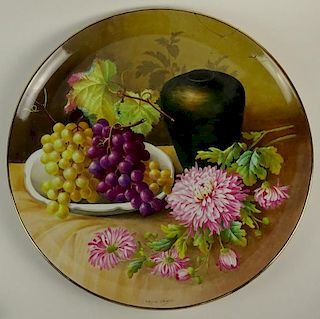 Large Limoges Hand Painted Charger "Still Life of Flowers and Grapes" Signed Reggiori Moreao, Limoges Backstamp.