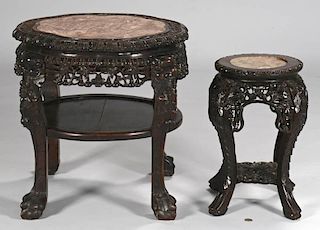 Pair Chinese Carved Low Tables w/ Marble Insets