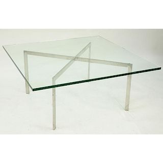 Knoll Barcelona Chrome and Glass Top Coffee Table Designed by Mies Van Der Rohe.