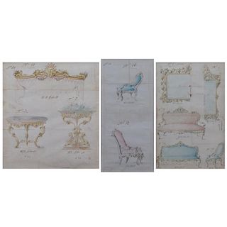 19th Century Italian Pencil, Ink and Watercolors On Paper "Furniture Designs From Florence".
