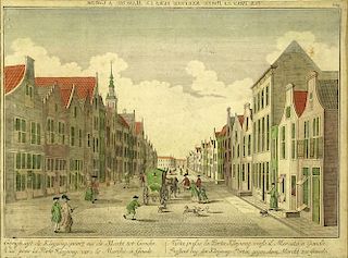 17/18th Century Dutch Hand Colored Engraving "Market tot Gouda" Captioned at top on French and at bottom in Dutch.
