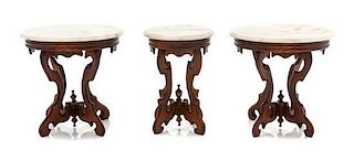Three Victorian Style Marble Top Mahogany Furniture Articles, Height of first 2 1/2 x width 2 5/8 x depth 2 inches.