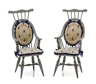 A Pair of Victorian Style Comb-Back Armchairs, Height 3 7/8 inches.